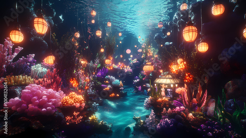 Generative AI, Enchanted Sea Market: Merfolk and Sea Creatures Trade Amid Vibrant Coral