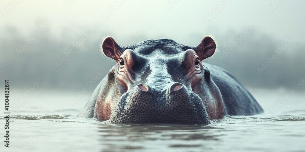Fototapeta premium A majestic hippo emerging from the water, showcasing its powerful presence in a serene aquatic setting.