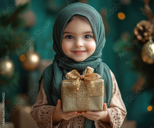 little smiling muslim girl in elegant hijab holding gift box with bow on green background, new year, hijra day, christmas, birthday, surprise, present, multicultural, diversity, child, kid, children photo