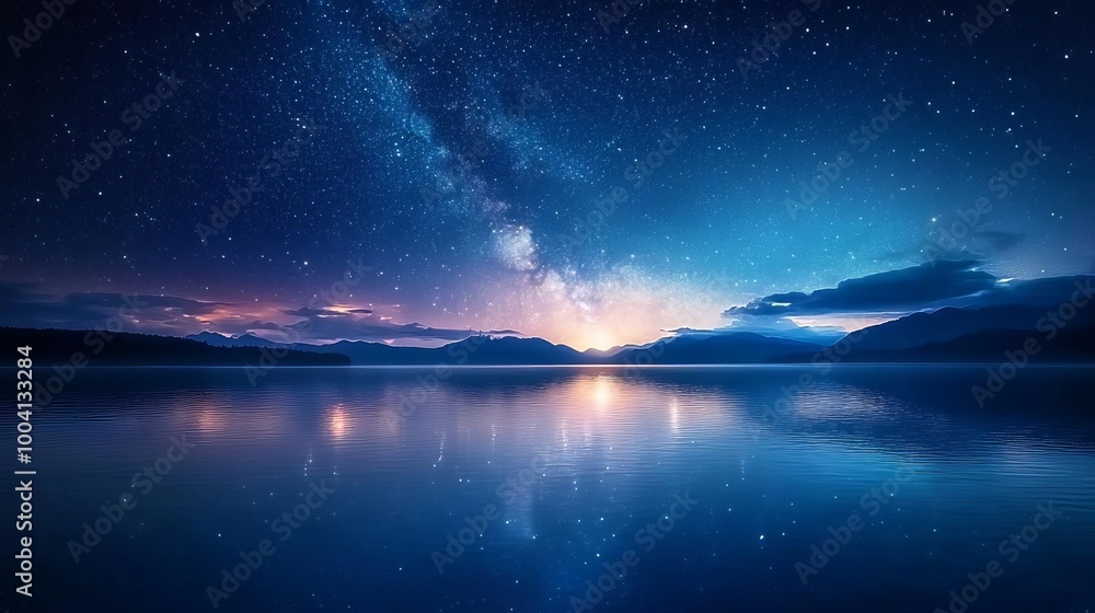 Milky Way Galaxy Reflected in Tranquil Lake at Night Milky Way Galaxy Reflected in Tranquil Lake at Night