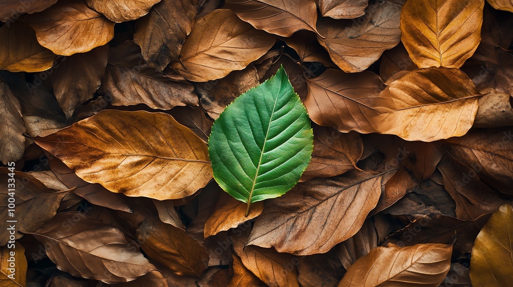 One green leaf in a pile of brown leaves. One green leaf in a pile of brown leaves.