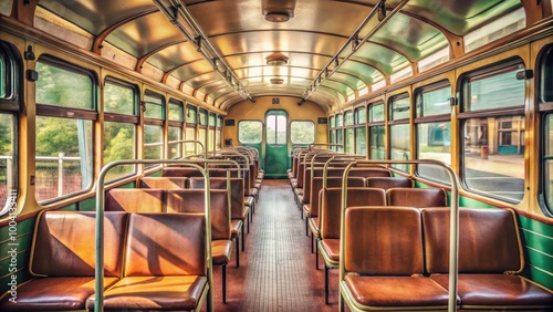 Vintage Bus Interior with Retro Seating, Windows, and Handrails for Antique Bus Travel Photography or Design Projects