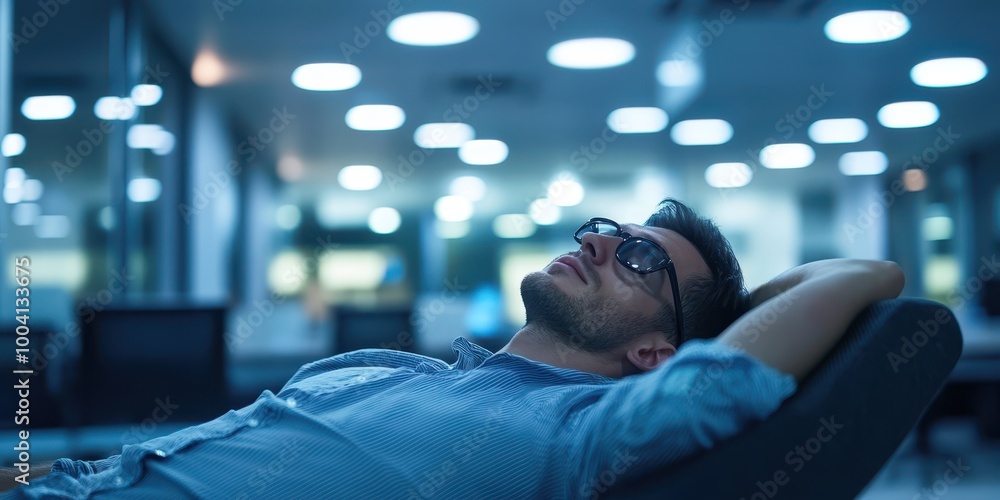 A relaxed man in an office setting, gazing upwards with a calm expression, capturing a moment of tranquility amidst work. A relaxed man in an office setting, gazing upwards with a calm expression, capturing a moment of tranquility amidst work.
