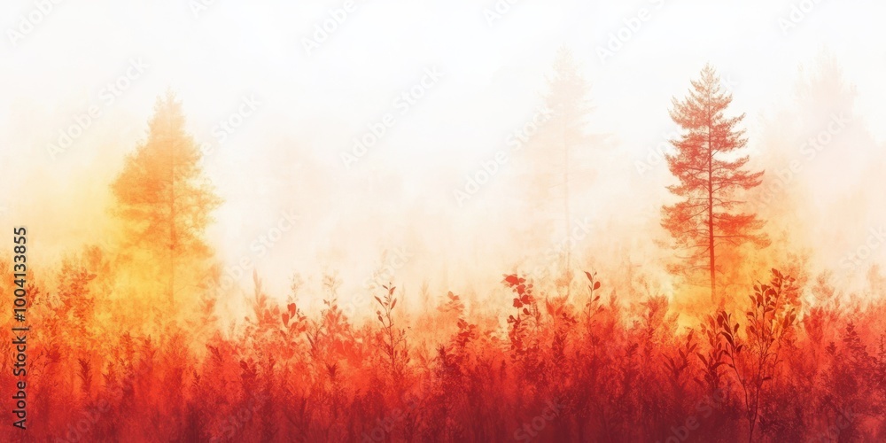 A serene and vibrant landscape showcasing trees amidst a foggy backdrop, capturing the essence of autumn colors and tranquility. A serene and vibrant landscape showcasing trees amidst a foggy backdrop, capturing the essence of autumn colors and tranquility.