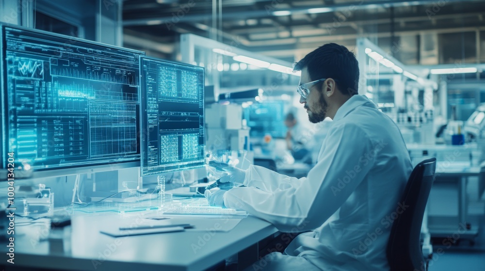 Scientist Working on a Computer in a Laboratory. Scientist Working on a Computer in a Laboratory.