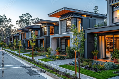 A row of houses with a street in the background