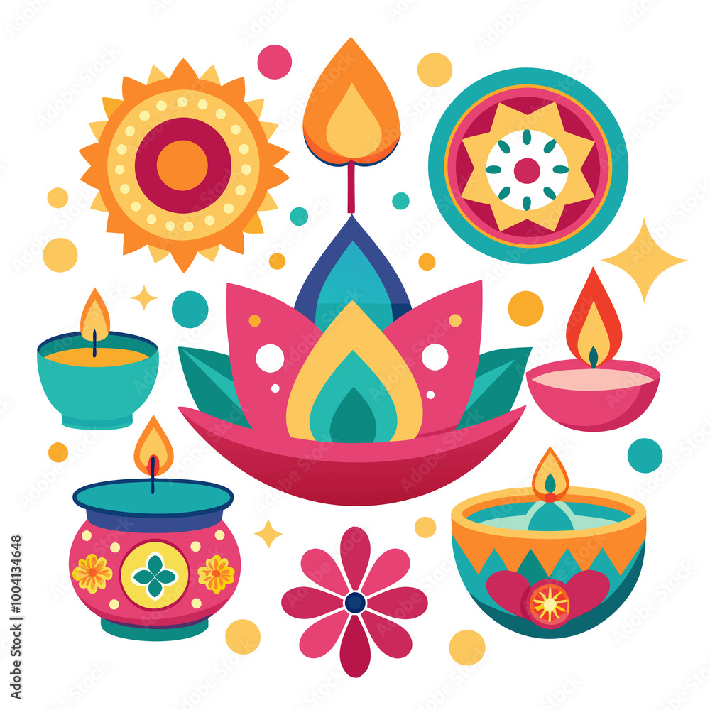A vibrant display of colorful Diwali lamps and geometric patterns, A vibrant display of colorful Diwali lamps and geometric patterns,