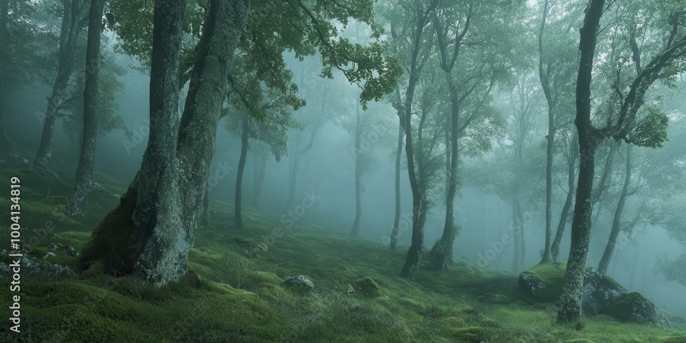 A serene misty forest scene, evoking tranquility with lush greenery and soft light filtering through the trees. A serene misty forest scene, evoking tranquility with lush greenery and soft light filtering through the trees.