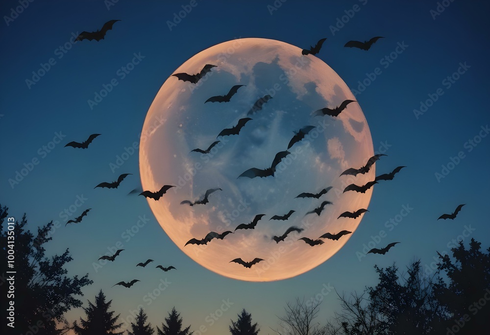 Swarm of black bats flying against an orange and dark blue gradient background Swarm of black bats flying against an orange and dark blue gradient background