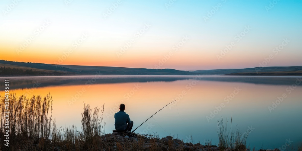 A serene sunset view over a calm lake with a fisherman enjoying peaceful solitude by the water's edge. A serene sunset view over a calm lake with a fisherman enjoying peaceful solitude by the water's edge.