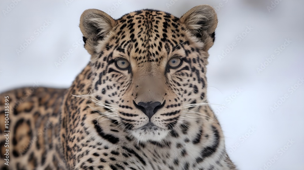 Majestic Snow Leopard A Close-Up Portrait in a White Snowy Setting Majestic Snow Leopard A Close-Up Portrait in a White Snowy Setting