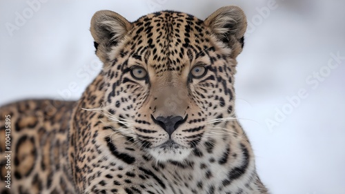 Majestic Snow Leopard A Close-Up Portrait in a White Snowy Setting