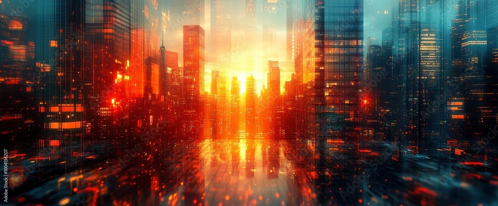 Cityscape at Sunset with Reflections in Water Cityscape at Sunset with Reflections in Water