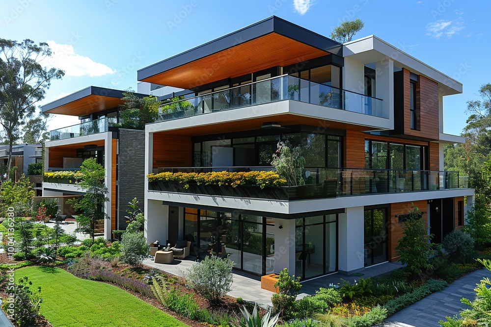 Obraz premium A large white building with a balcony and a green roof