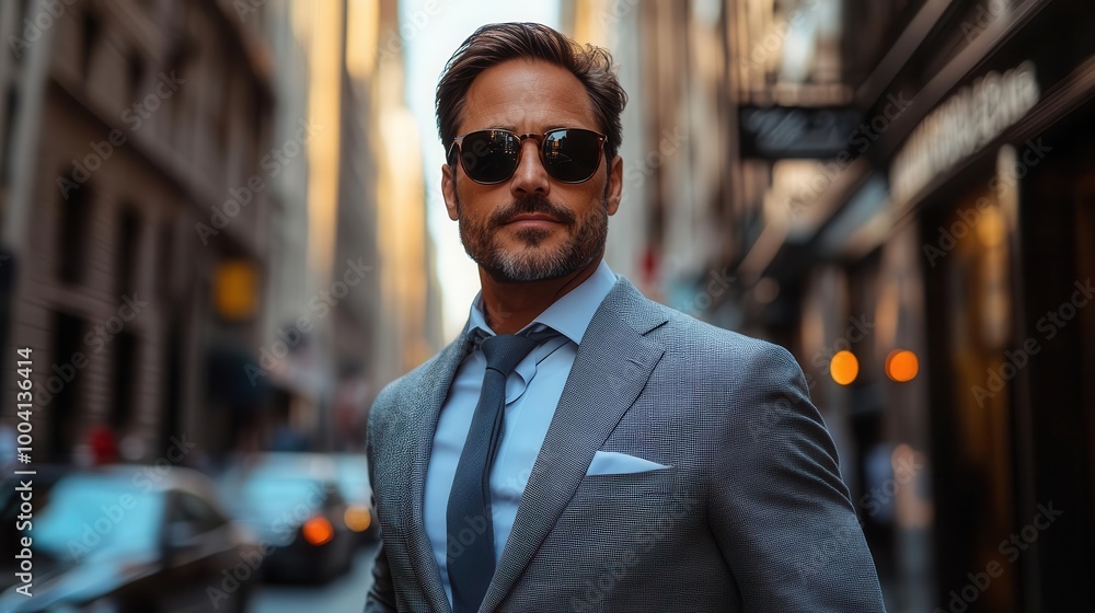 confident businessman in a tailored suit and sunglasses strides purposefully down a bustling city street embodying success and determination amidst the urban landscape confident businessman in a tailored suit and sunglasses strides purposefully down a bustling city street embodying success and determination amidst the urban landscape