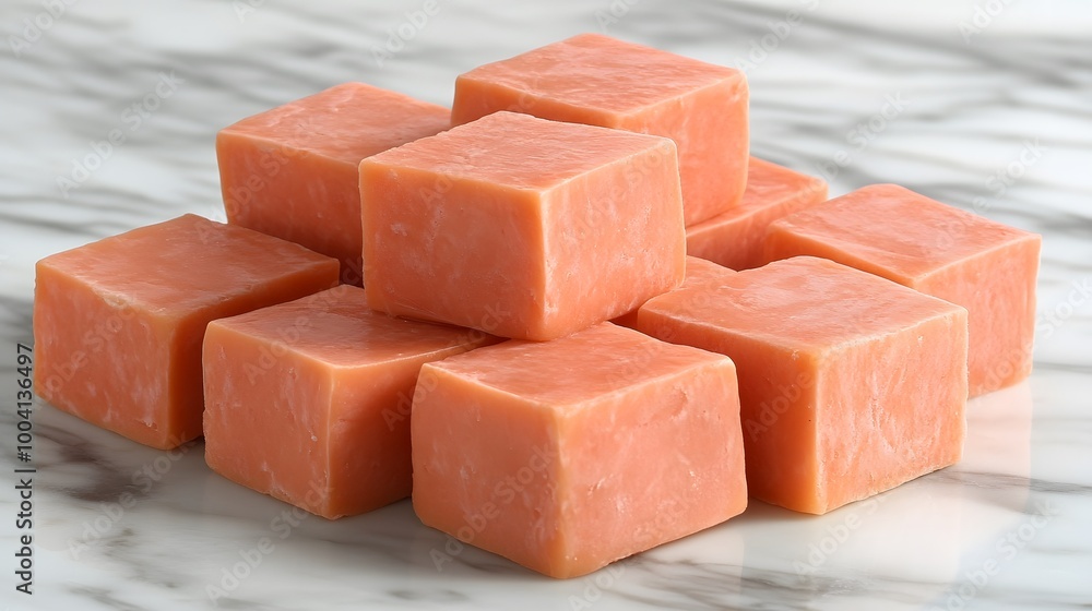 Blocks of diced cheddar cheese with a sharp texture against a marble background Blocks of diced cheddar cheese with a sharp texture against a marble background