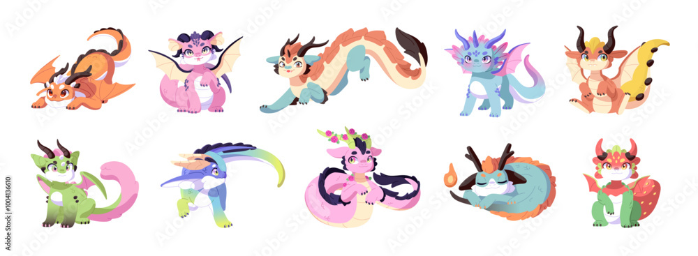 Cute baby dragons set. Chinese fairytale monsters with horns, tails, wings. Funny oriental characters of lunar horoscope flying, play, have fun. Flat isolated vector illustrations on white background Cute baby dragons set. Chinese fairytale monsters with horns, tails, wings. Funny oriental characters of lunar horoscope flying, play, have fun. Flat isolated vector illustrations on white background