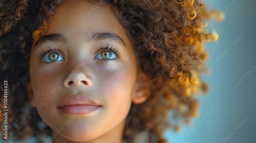 Close-up portrait of a freckled child with curly hair, gazing upwards with a thoughtful expression against a soft background Close-up portrait of a freckled child with curly hair, gazing upwards with a thoughtful expression against a soft background
