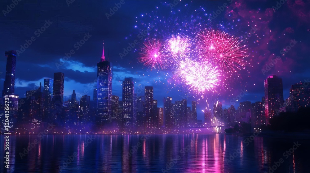 Fireworks Display Over City Skyline at Night Fireworks Display Over City Skyline at Night