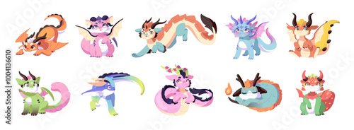 Cute baby dragons set. Chinese fairytale monsters with horns, tails, wings. Funny oriental characters of lunar horoscope flying, play, have fun. Flat isolated vector illustrations on white background