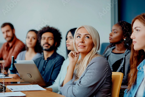 A diverse group of professionals from different cultural backgrounds attentively participating in a boardroom meeting, fostering teamwork and collaboration in a modern workspace