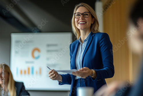 Wallpaper Mural A confident female business leader gives a presentation during a corporate meeting, smiling and engaging with her audience while standing in front of a data chart Torontodigital.ca