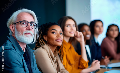 A diverse group of professionals, including men and women of different ages, attentively watch a presentation in a modern business setting