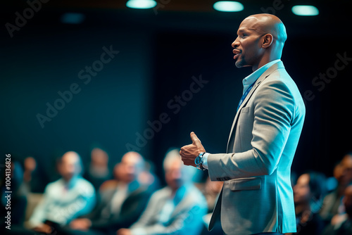 A confident black business man delivers a presentation on stage during a business conference, engaging the audience with a professional demeanor in a formal setting