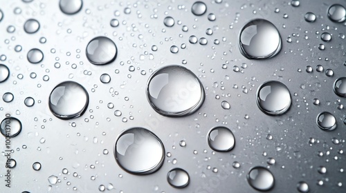 Water droplets on a silver surface.