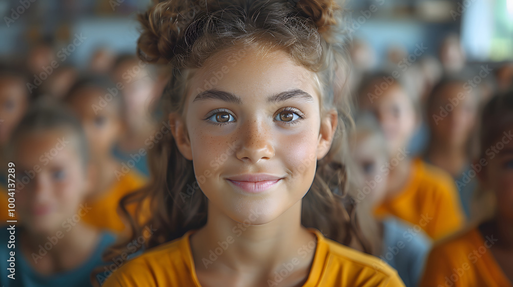 Portrait of a young girl with freckles and styled hair, smiling confidently amidst a blurred crowd in a group setting Portrait of a young girl with freckles and styled hair, smiling confidently amidst a blurred crowd in a group setting
