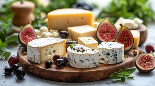 A perfect cheese board layout with diced cheese cubes, fig slices, and olives placed in a modern arrangement