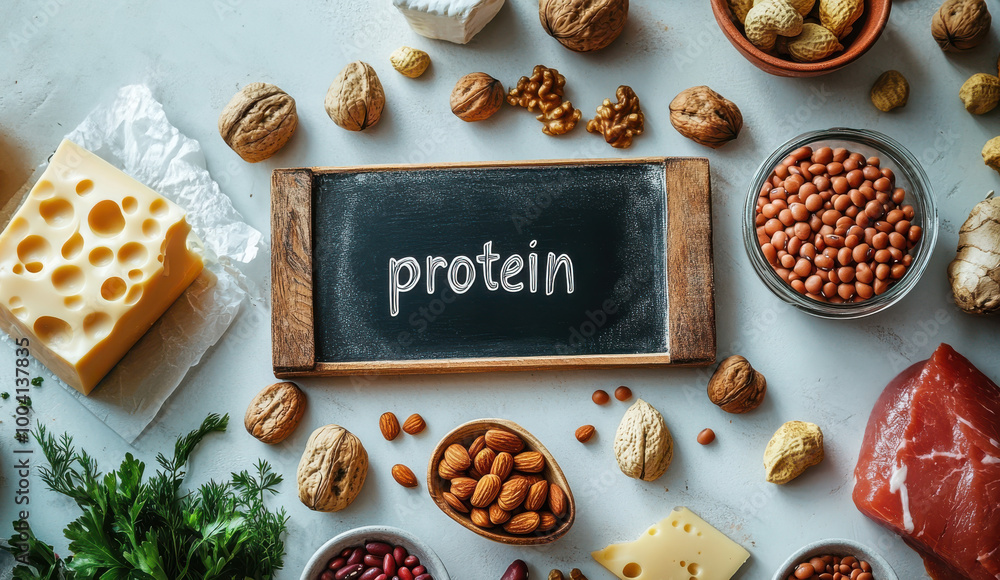 High-protein foods including cheese, nuts, beans, and meat arranged around a chalkboard labeled High-protein foods including cheese, nuts, beans, and meat arranged around a chalkboard labeled