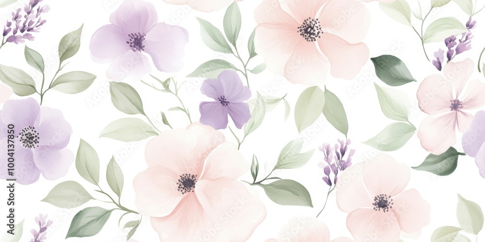 A floral pattern featuring soft pastel flowers and leaves on a white background. A floral pattern featuring soft pastel flowers and leaves on a white background.