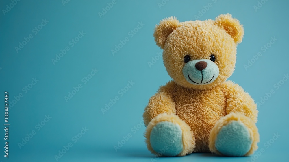 Plush Teddy Bear Sitting on a Blue Background Plush Teddy Bear Sitting on a Blue Background