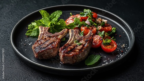 A plate of grilled lamb chops with mint and tomato salad on a dark background, close-up view, concept for menu design, food photography photo