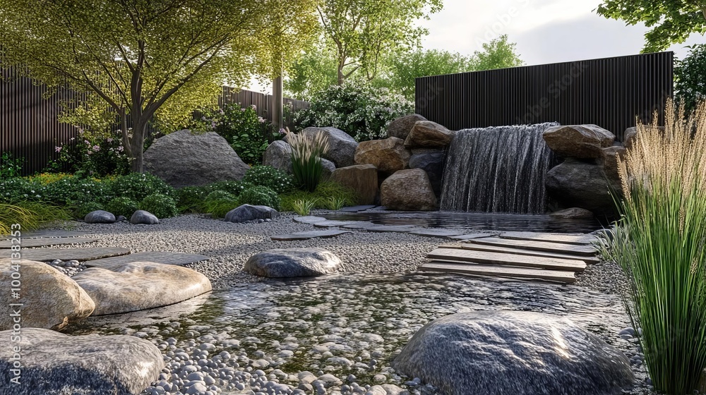 Zen Garden Waterfall with Stone Path and Pebbles
