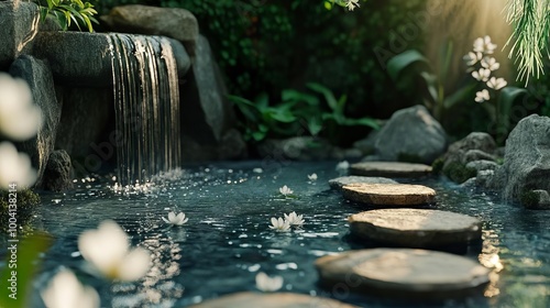 Tranquil Waterfall and Stepping Stones in Lush Garden photo