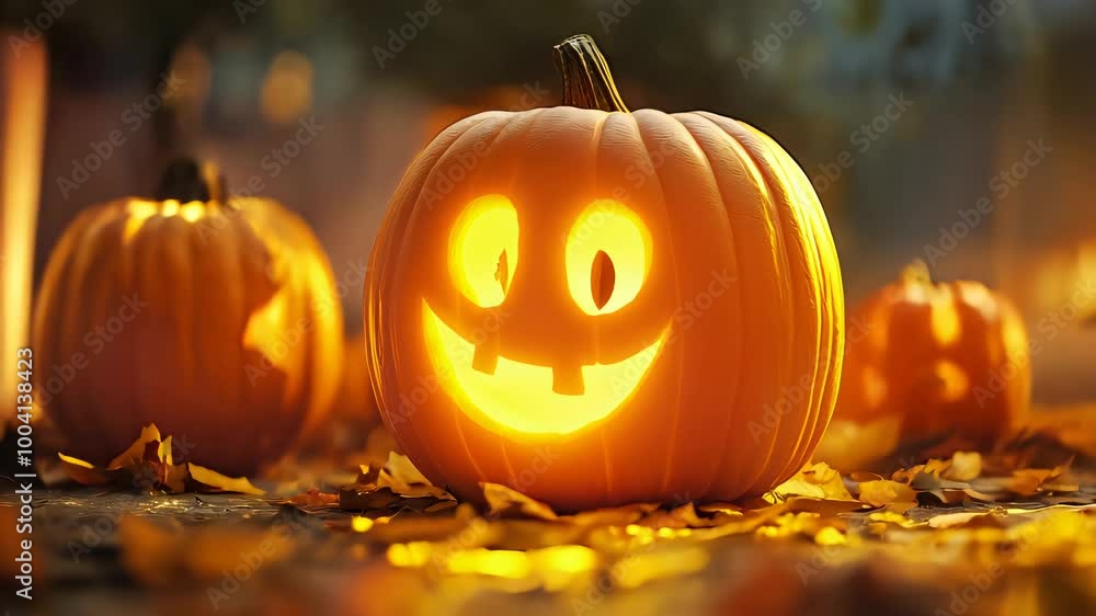 A carved pumpkin illuminating the face of a happy ghost, projecting a warm and festive glow onto the surrounding area. A carved pumpkin illuminating the face of a happy ghost, projecting a warm and festive glow onto the surrounding area.