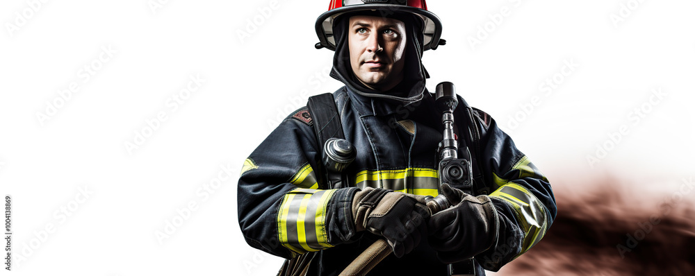 Naklejka premium A firefighter in protective gear stands ready with a hose during a training exercise in a controlled environment