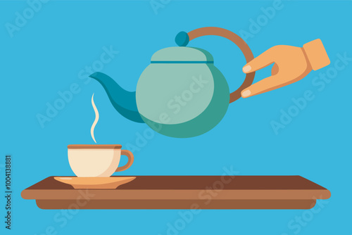 Hand pours tea from pale green teapot into a cup on a brown tray in front of a blue background.