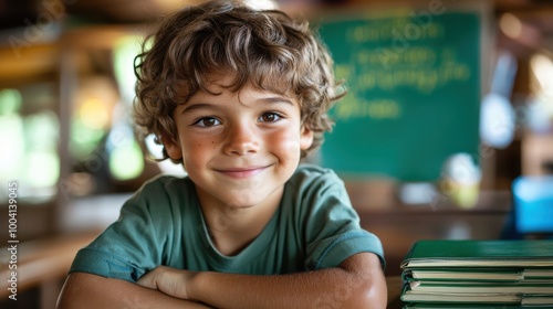 Smiling young boy in classroom environment, seated at desk with hands crossed, primary school student, back to school learning, happy child education, vibrant background