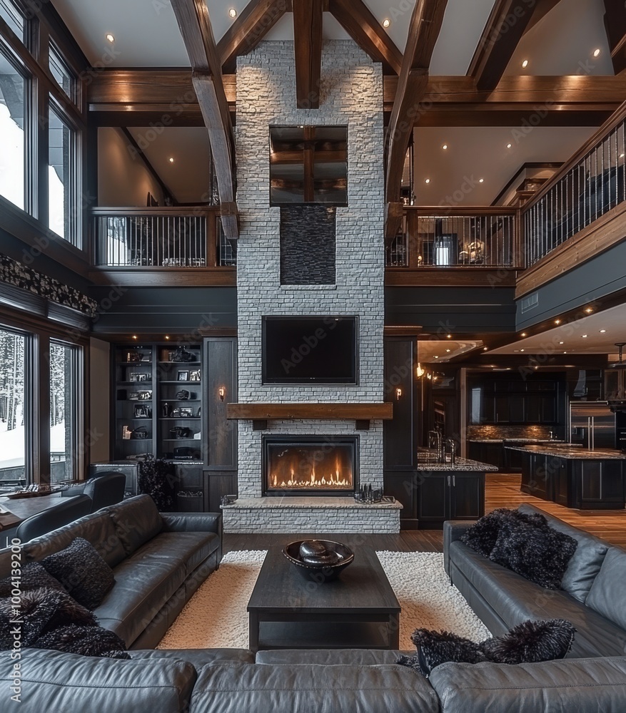 An elegant living room with fireplace and roaring fire. A bank of windows hints at a beautiful exterior view. An elegant living room with fireplace and roaring fire. A bank of windows hints at a beautiful exterior view.