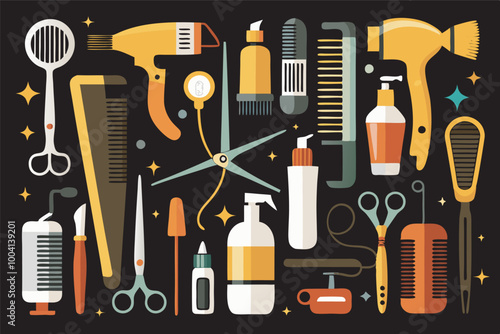 An illustration displaying a variety of hairdressing tools on a black background evokes abundance and visual appeal in hair care and styling.