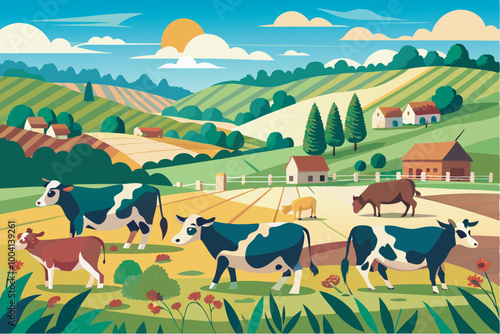 A tranquil rural scene with cows grazing in a meadow of red poppies. Background includes a house, pine trees, and buildings with red roofs under a light blue sky.