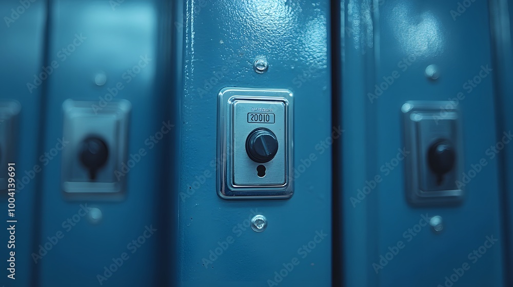 Gym locker room featuring a close-up of a combination lock, emphasizing security Gym locker room featuring a close-up of a combination lock, emphasizing security