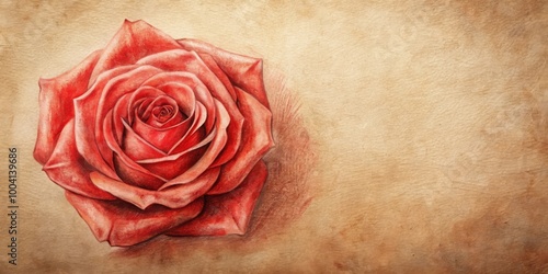 Ancient Roman drawing of red chalk big rose on light brown paper background