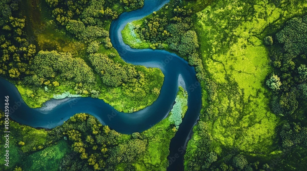 Aerial View of Winding River Through Lush Green Forest Aerial View of Winding River Through Lush Green Forest