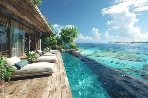 Fototapeta Naklejka Na Ścianę i Meble -  A beautiful beach house with a pool and a view of the ocean