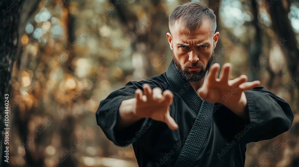 Man in a black karate uniform practicing martial arts. Man in a black karate uniform practicing martial arts.