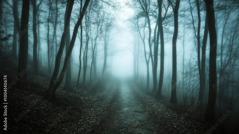 Obraz premium Misty Forest Path Mysterious Woods Foggy Woodland Trail